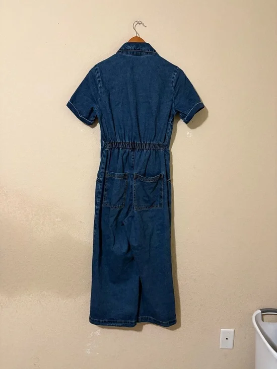 Lucy & Yak Ragan Blue Cotton Denim Short-Sleeve Wide-Leg Zip Up Jumpsuit Side 4 - Picture 8 of 16